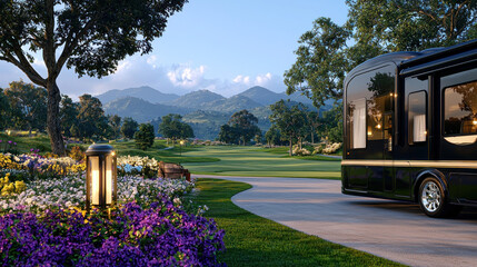 Fototapeta premium RV at scenic mountainous golf course with flowers