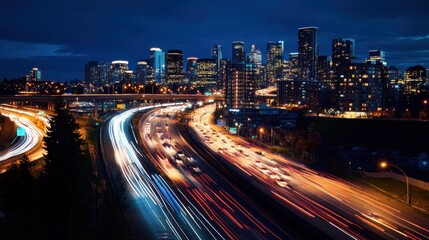 Fototapeta premium A bustling urban highway captured at night by a drone, showcasing bright city lights and dynamic traffic patterns