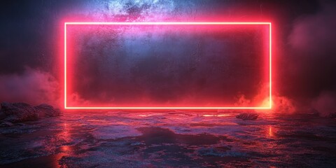 Red Neon Light Frame Against a Dark and Foggy Background