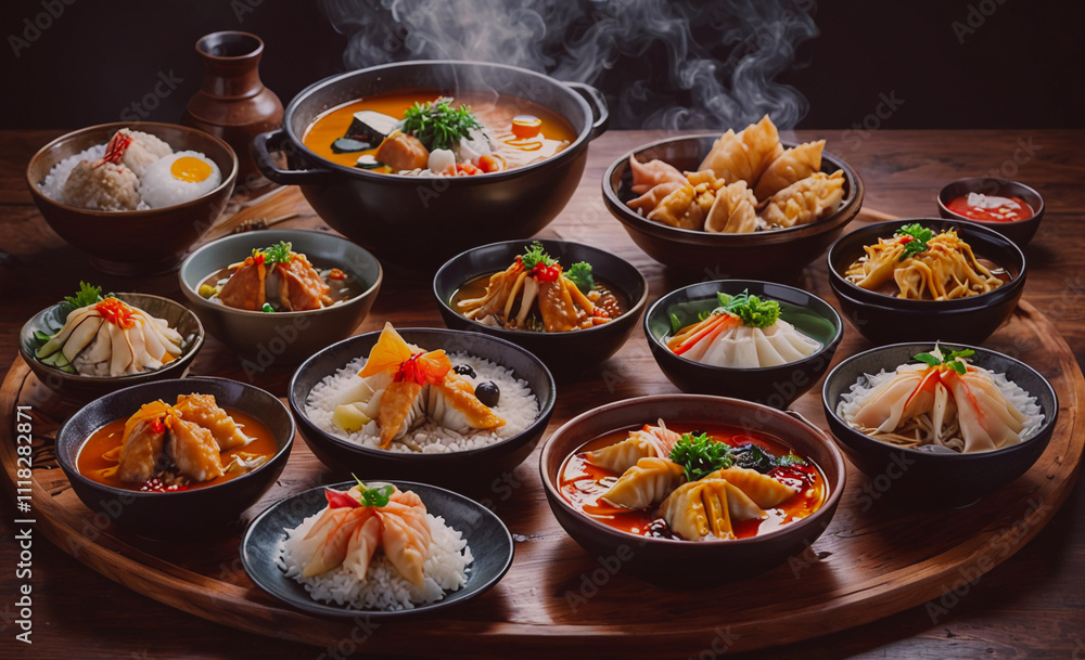 Poster A large tray of food with many different dishes on it. The food is arranged in a way that makes it look like a buffet