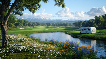 RV by scenic golf course surrounded by mountains and lake