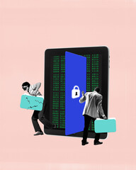 Contemporary art collage. Two figures with folders sneak through open door in giant tablet with...