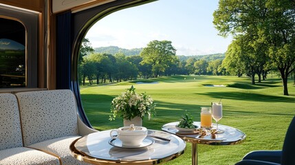 Fototapeta premium Elegant breakfast dining with expansive golf view