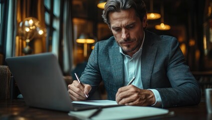 Man Working on Laptop in Cafe