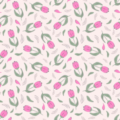 Vector illustration. Seamless pattern of delicate pink tulips on a pastel background, blooming flowers. Ditsy Cottagecore pattern. Printing on textiles, fabric design, sublimation, wrapping paper