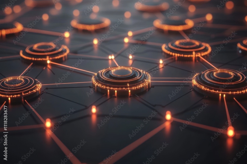 Poster abstract network connection, glowing nodes and lines.