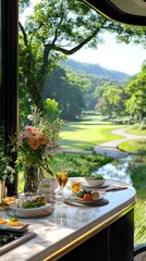 Fototapeta premium Dining with a picturesque view of a lush golf course