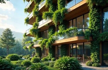 Fototapeta premium Modern eco-friendly building with vertical garden design. Tall structure made of wood. Green plants grow on building exterior. Balconies, windows visible. Landscaped area with greenery surrounds