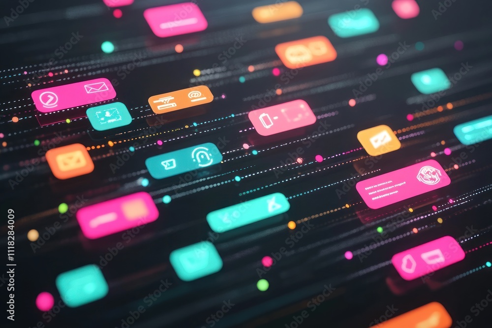 Poster abstract digital interface with colorful app icons and data streams.