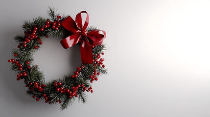 A wreath with red ribbon and berries is displayed on a white background
