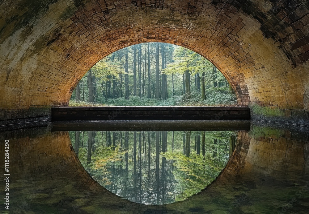 Poster captivating underpass view with lush green forest reflections and serene water in tranquil natural s
