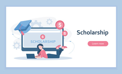 Scholarship landing page. Woman with laptop near computer with graduation cap. Knowledge and information. Remote education and learning. Flat vector illustration