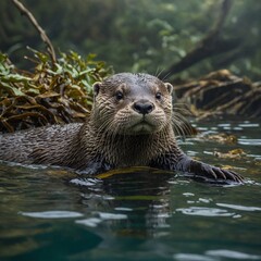 Fototapeta premium A playful otter sliding down a kelp forest