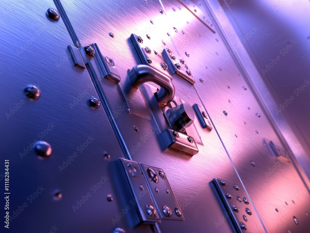 Aufkleber close-up of a secure metallic door lock mechanism reflecting light with a futuristic feel, highlight