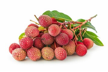 A Bunch of Ripe Lychees with Green Leaves, White Background.