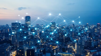 Night cityscape with glowing network connections illustrating digital infrastructure.