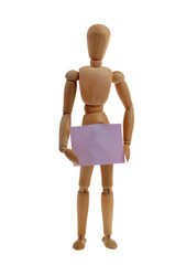 Concept de pudeur avec un mannequin articulé en bois cachant ses parties intimes sur fond blanc