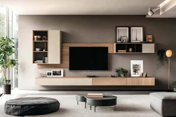 Modern living room with integrated media unit, TV, and stylish furniture.