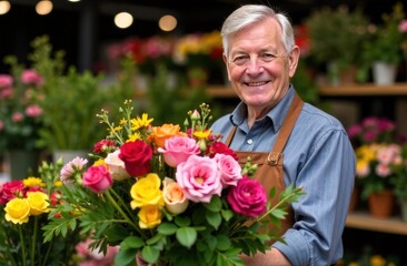 Fototapeta premium Close-up portrait of an elderly gray-haired man florist smiling warmly while holding a large bouquet of different flowers with a flower shop on the background
