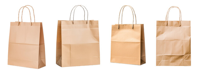 Brown paper shopping bags displayed together isolated on white background.