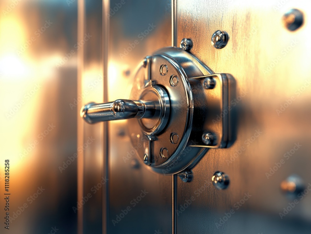 Aufkleber close-up view of a metallic safe lock mechanism with shiny surface reflecting light in warm tones, s