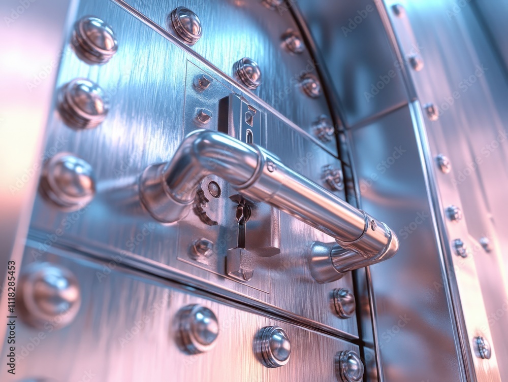Poster close-up view of a secure vault door with glossy metallic finish and industrial design elements in a
