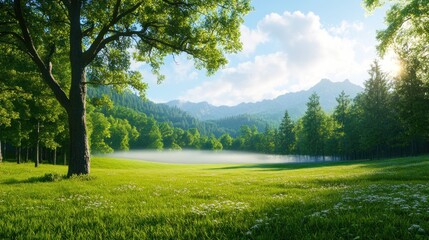 Obraz premium Open meadow with distant mountains and clear sky