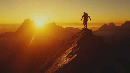 Adventurer leaps off mountain ridge at sunset in breathtaking landscape