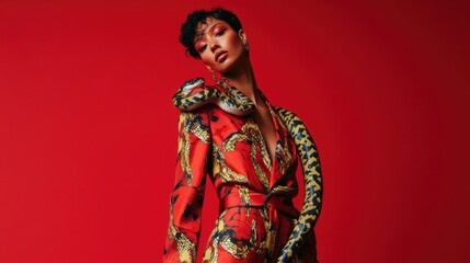 Fototapeta premium A fashionable individual showcases a bold jumpsuit embellished with intricate patterns, while a snake wraps elegantly around their arm, set against a vivid red background