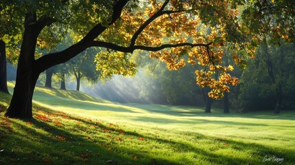 Golden sunlight streaming through autumnal leaves