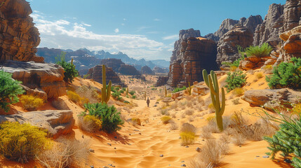 Solitary Walker in Desert Oasis Landscape