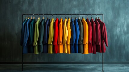 Colorful coats hanging on a rack against a dark wall.