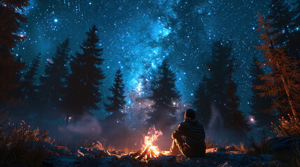 Solitary Camper Under Starry Night Sky
