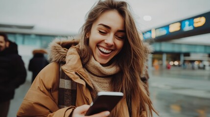 Excited traveler using smartphone while waiting for her flight at the airport terminal