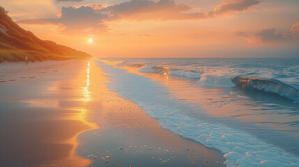 Tranquil Beach Walk in Golden Sunset