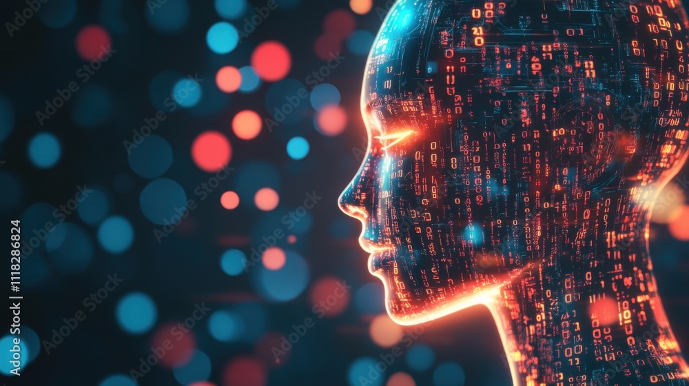 Fototapete A robotic face is partially illuminated by an array of glowing digital patterns against a backdrop of binary code, creating a vibrant, futuristic atmosphere rich in technology