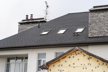 A residential building features a grey roof with skylights and a rooftop antenna against a grey, overcast sky