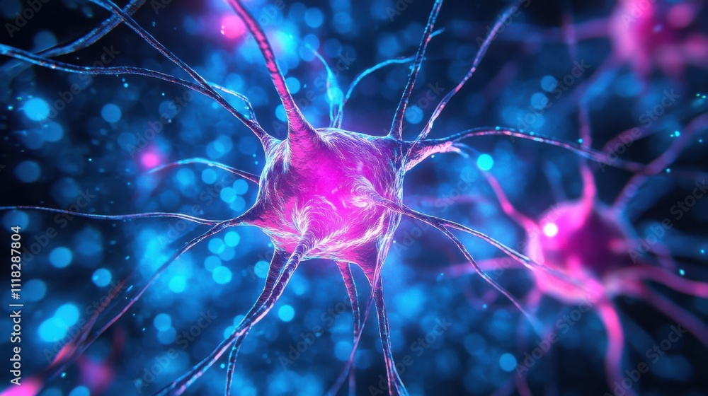 Poster this visual representation captures neural pathways pulsating in vibrant pink and blue hues, highlig