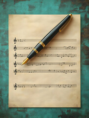 Antique pen rests on aged musical score sheet.