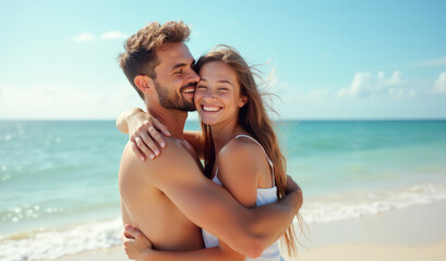 Happy young couple at sea hugging