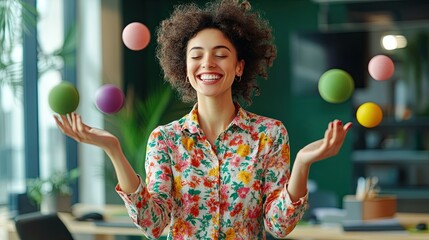 Picture of a happy lady assistant wearing a floral shirt, juggling stress balls while running on a treadmill in a modern green workspace