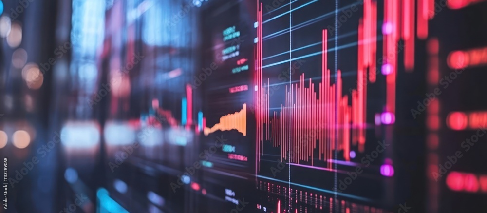 Poster close-up of financial data displayed on a screen showing stock market trends and graphs.