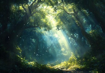 Fototapeta premium Enchanted Forest with Sunlight Beams Filtering Through Green Canopy Creating an Ethereal Atmosphere in a Lush Natural Environment