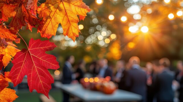 A vibrant autumn scene featuring colorful leaves and a warm gathering illuminated by soft lights in a cozy outdoor setting.