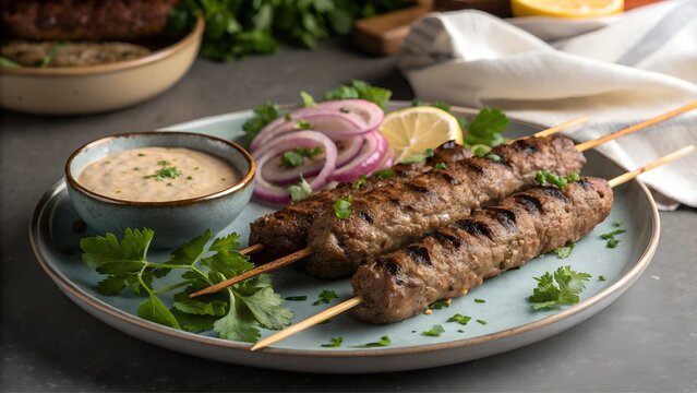 Grilled kafta served with onions, herbs, and creamy dip on a plate