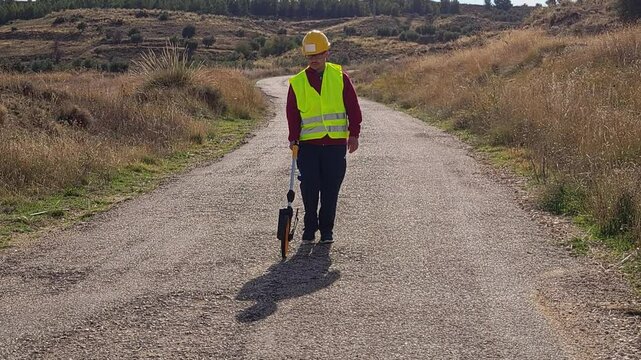 Surveyor measuring distance with measuring wheel on rural road