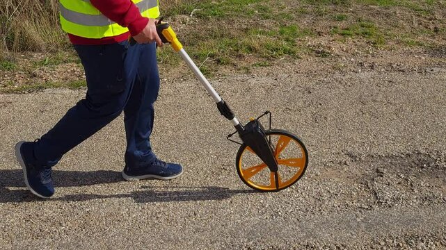 Surveyor walking and measuring road distance with measuring wheel