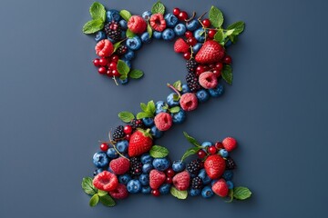 Number two made of various berries and mint leaves on dark background. Concept of creativity with fruits. For healthy eating promotions.