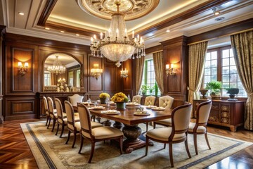 Fototapeta premium Elegant dining room featuring rich wood accents, cream-colored walls, and crystal chandeliers, surrounded by plush