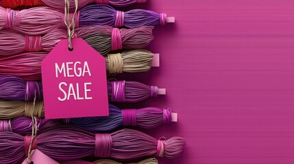 Colorful threads organized neatly with a vibrant sale tag, perfect for crafting enthusiasts and needlework lovers.